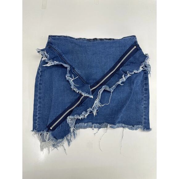 Signature 8 Womens Mini Skirt Size Large Blue Denim Zipper Ruffle Details - Picture 1 of 11